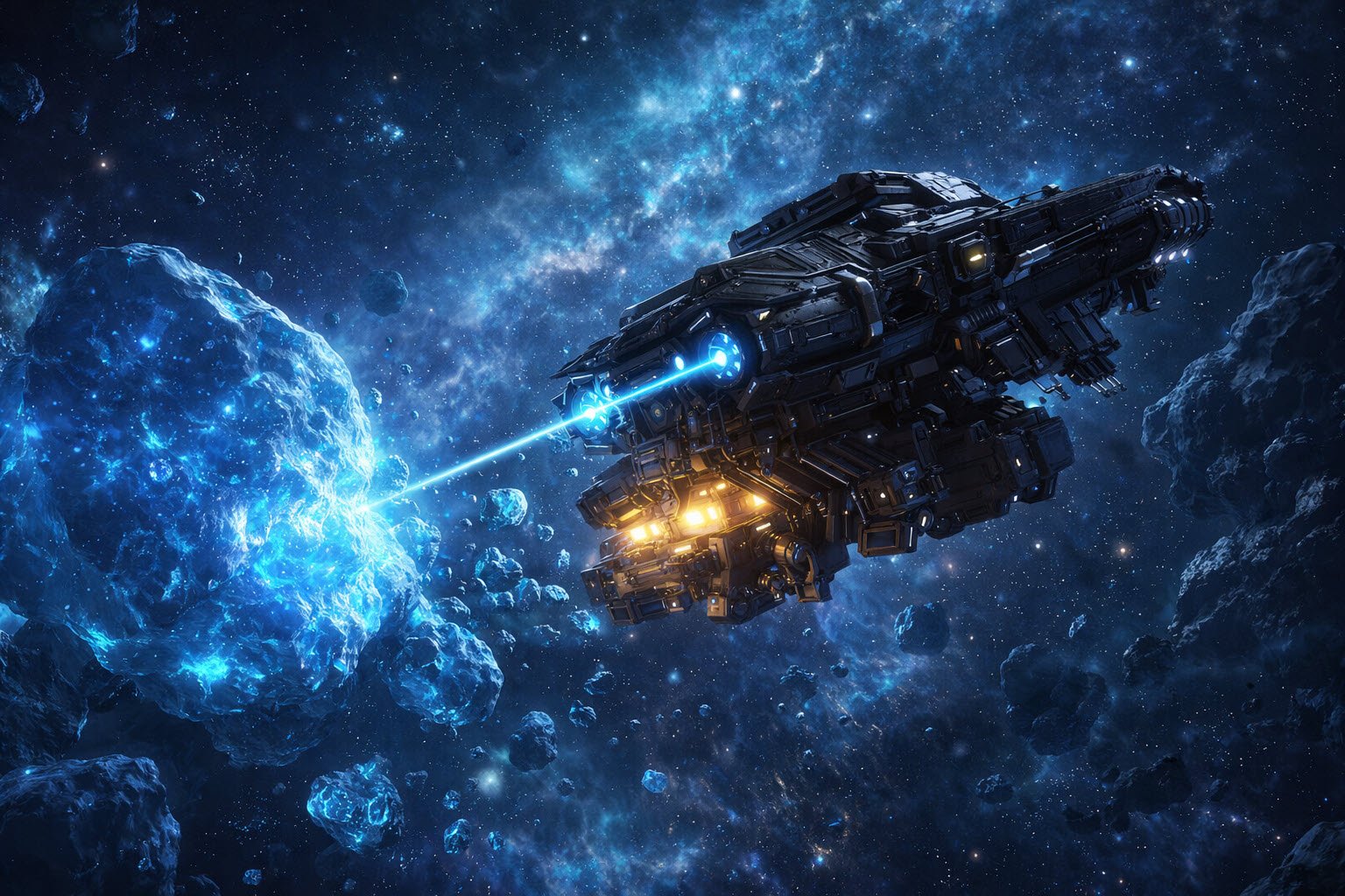ice mining eve online spaceship harvesting ice asteroid in space