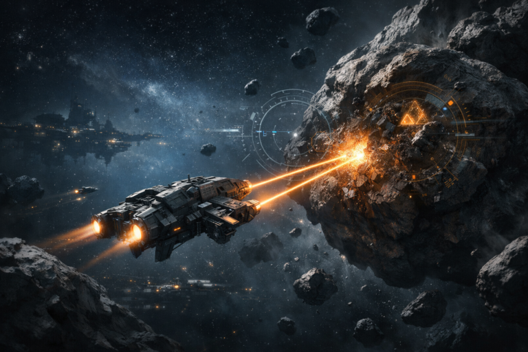 Alpha mining ship harvesting an asteroid in deep space with survey scan overlays in EVE Online