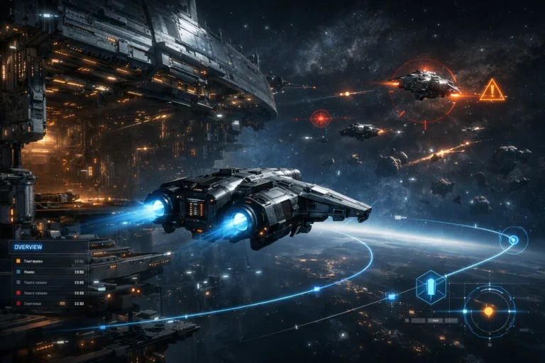 EVE Online 2026 strategy guide featured image showing a combat ship undocking from a station with tactical HUD overlays