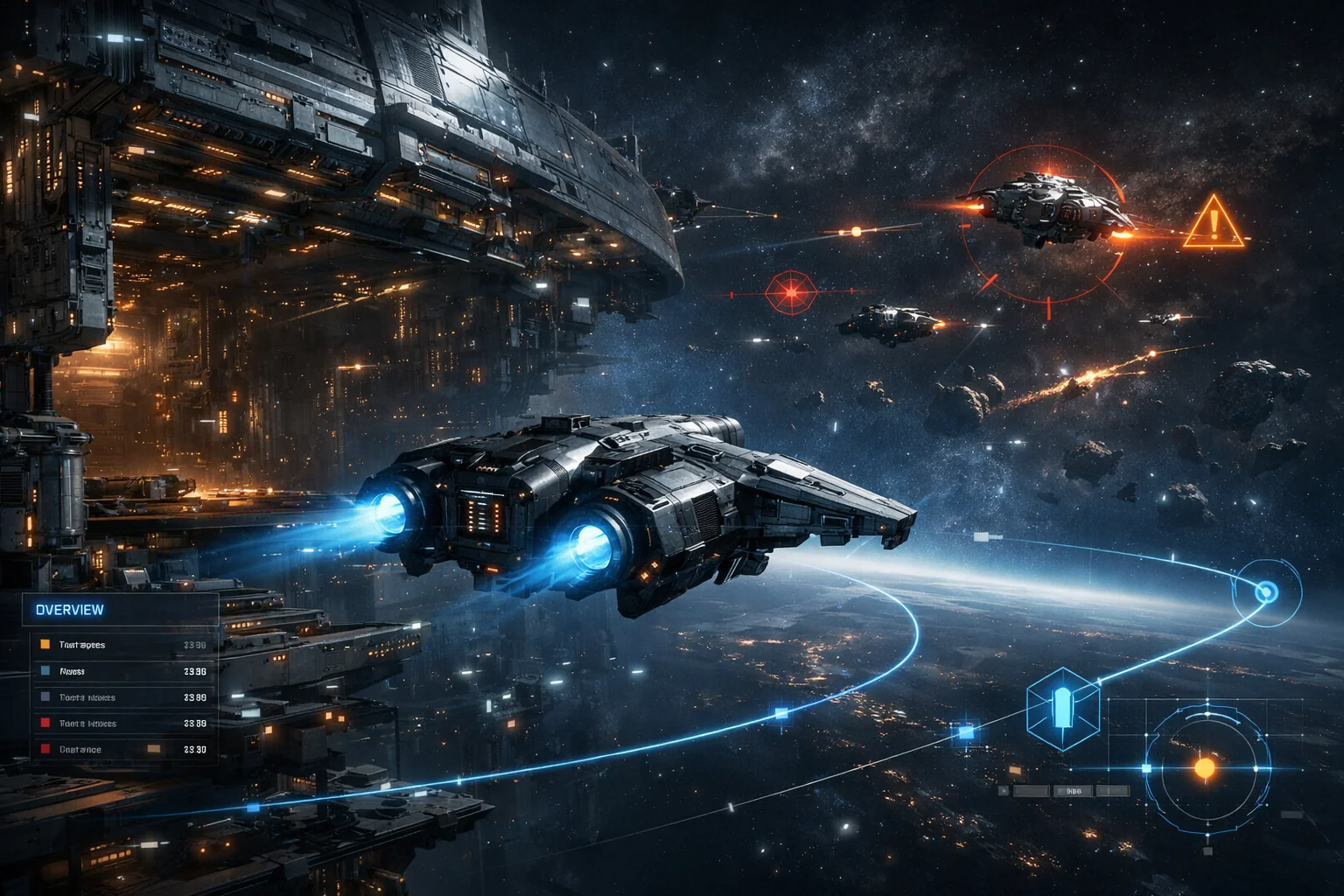 EVE Online 2026 strategy guide featured image showing a combat ship undocking from a station with tactical HUD overlays
