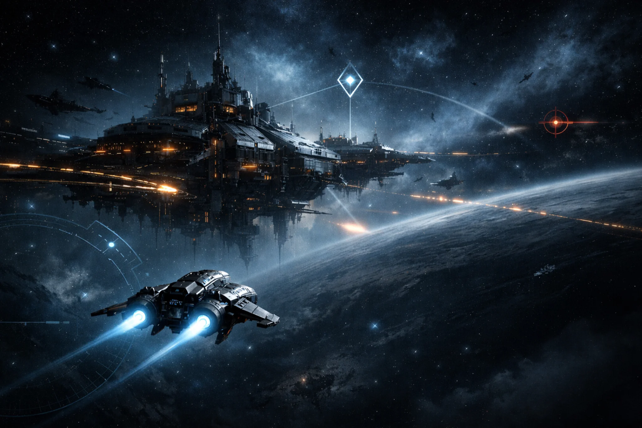 Rookie capsuleer frigate approaching a massive trade hub station in deep space in EVE Online