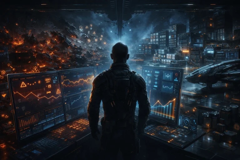 Sci-fi pilot reviewing market data and ship systems in a station hangar, representing hidden ISK leaks in EVE Online