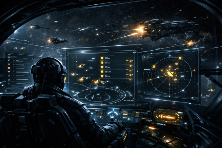 AI-generated sci-fi cockpit artwork showing a pilot viewing a tactical combat interface in space