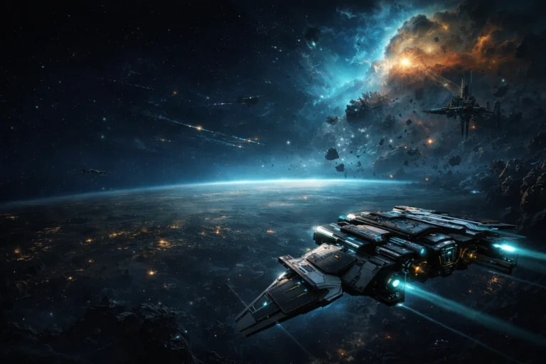 Cinematic sci-fi starship overlooking a vast star system with a distant station, asteroid field, and fleet combat